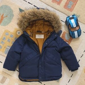 Navy Blue Fur-Trimmed Hooded Jacket